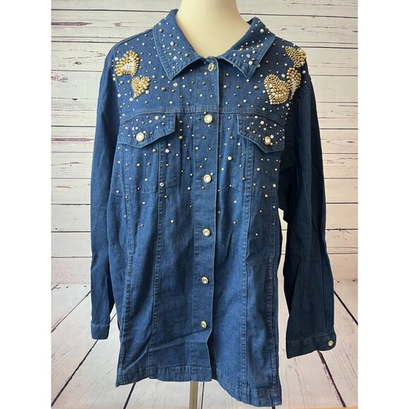 Quacker Factory Denim Trucker Jacket Plus size 1X Jean coat NWT Full Zip Studded - Picture 1 of 11